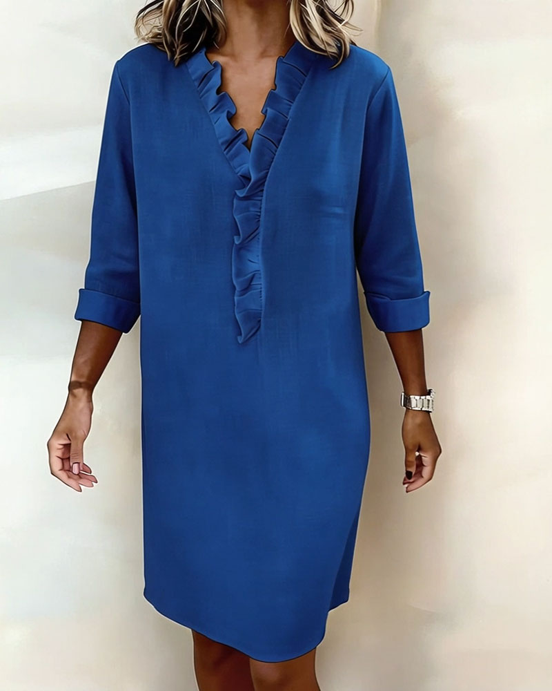 Damen Baumwoll-Leinen Kleid V-Ausschnitt Volants - Image 21