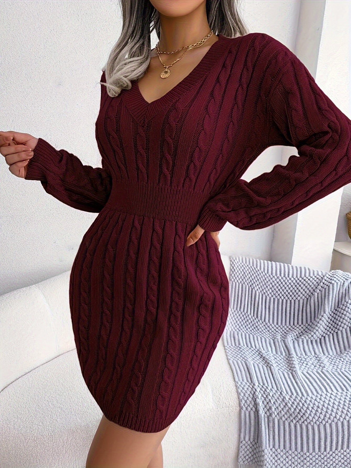 Damen Cable-Knit Strickkleid Tailliert - Image 4