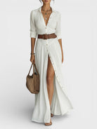 Damen Hemdblusenkleid Maxi Knopfleiste Sommer