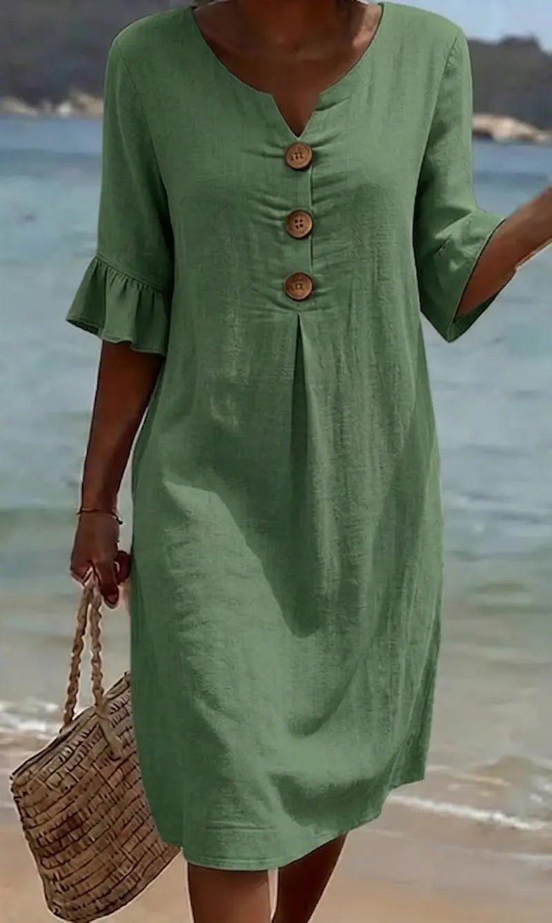 Women Linen Blend Loose Midi Dress Button Front Short Sleeve - Image 5