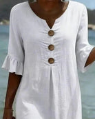 Women Linen Blend Loose Midi Dress Button Front Short Sleeve - Image 10