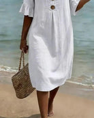 Women Linen Blend Loose Midi Dress Button Front Short Sleeve - Image 11