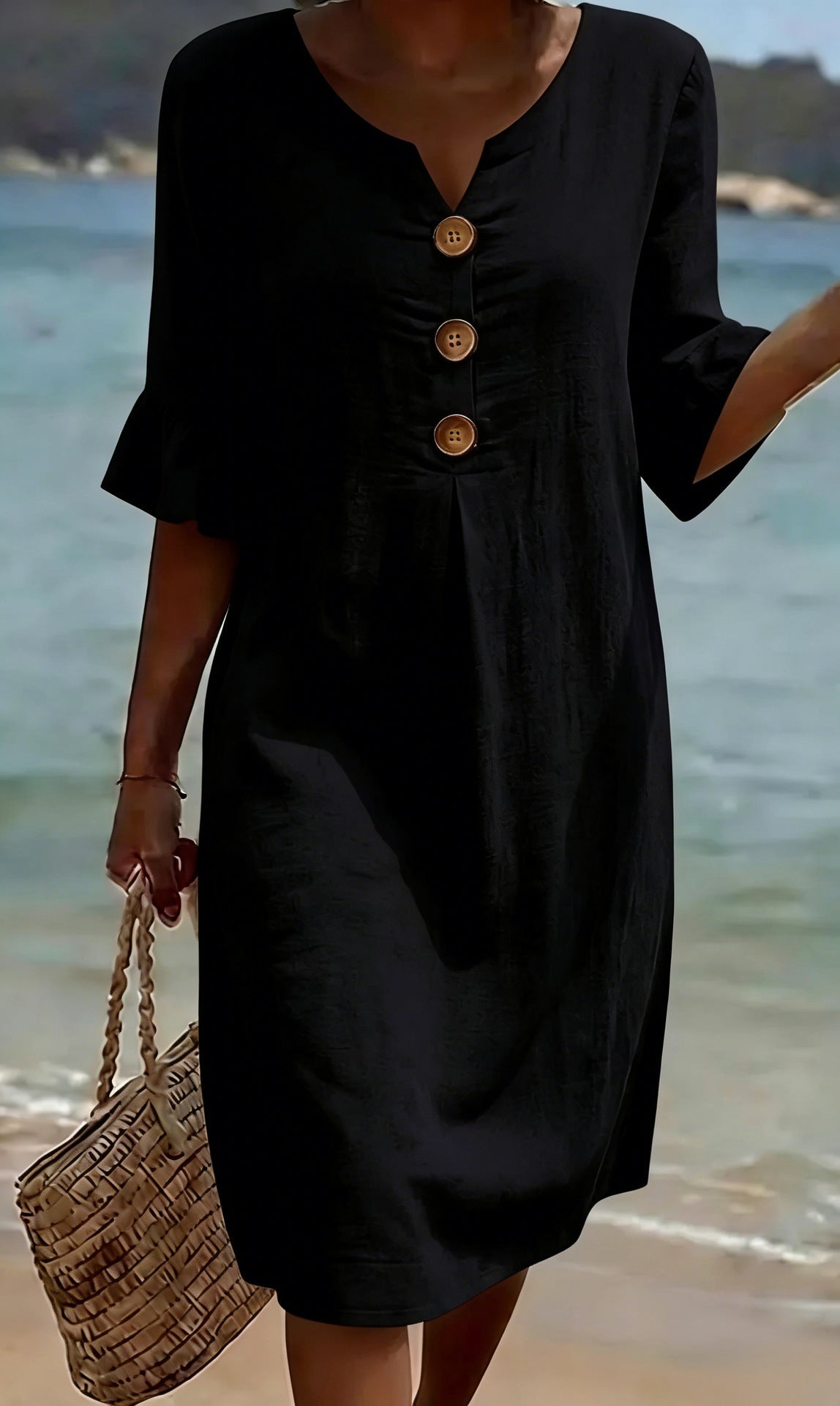 Women Linen Blend Loose Midi Dress Button Front Short Sleeve - Image 2