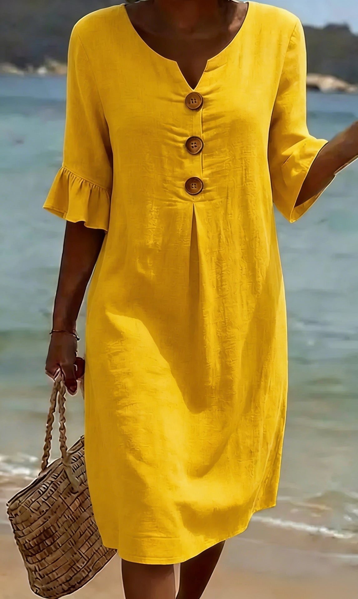 Women Linen Blend Loose Midi Dress Button Front Short Sleeve - Image 4