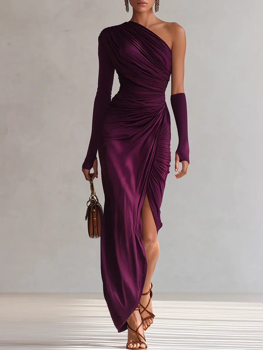 Damen One-Shoulder Abendkleid Maxikleid Schlitz figurenform
