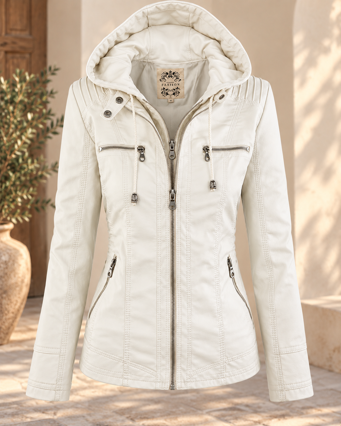 Damen Kunstlederjacke Kapuze Lederoptik - Image 9