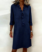 Damen Baumwoll-Leinen Kleid V-Ausschnitt Volants - Image 3