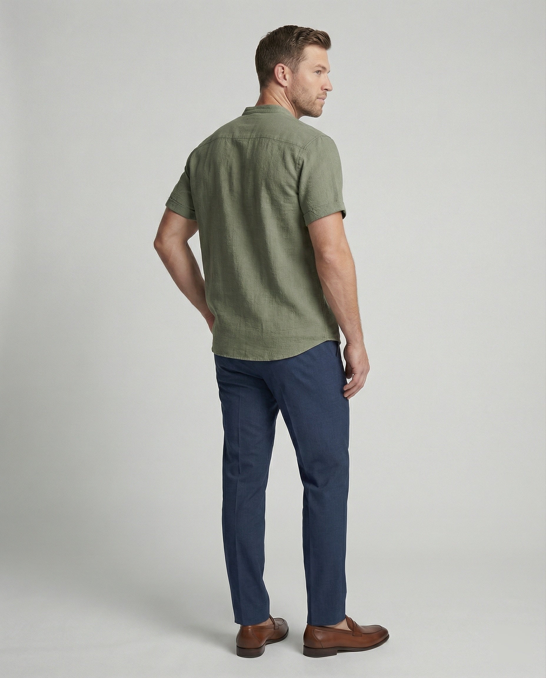 Men's Linen Band Collar Short Sleeve Shirt - Image 3