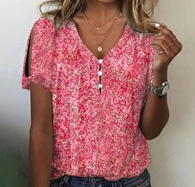 Damen Bluse V-Ausschnitt Blumendruck lockere Passform - Image 3