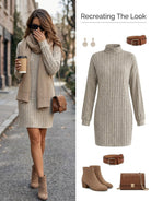 Damen Strickkleid gerippt Pulloverkleid Midi Langarm Winter - Image 7