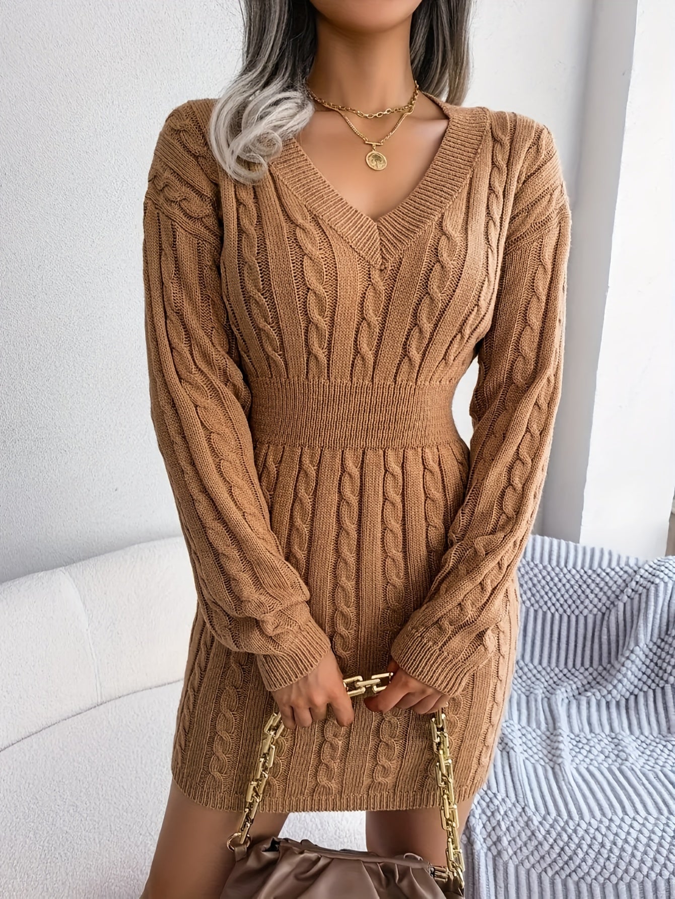 Damen Cable-Knit Strickkleid Tailliert - Image 14