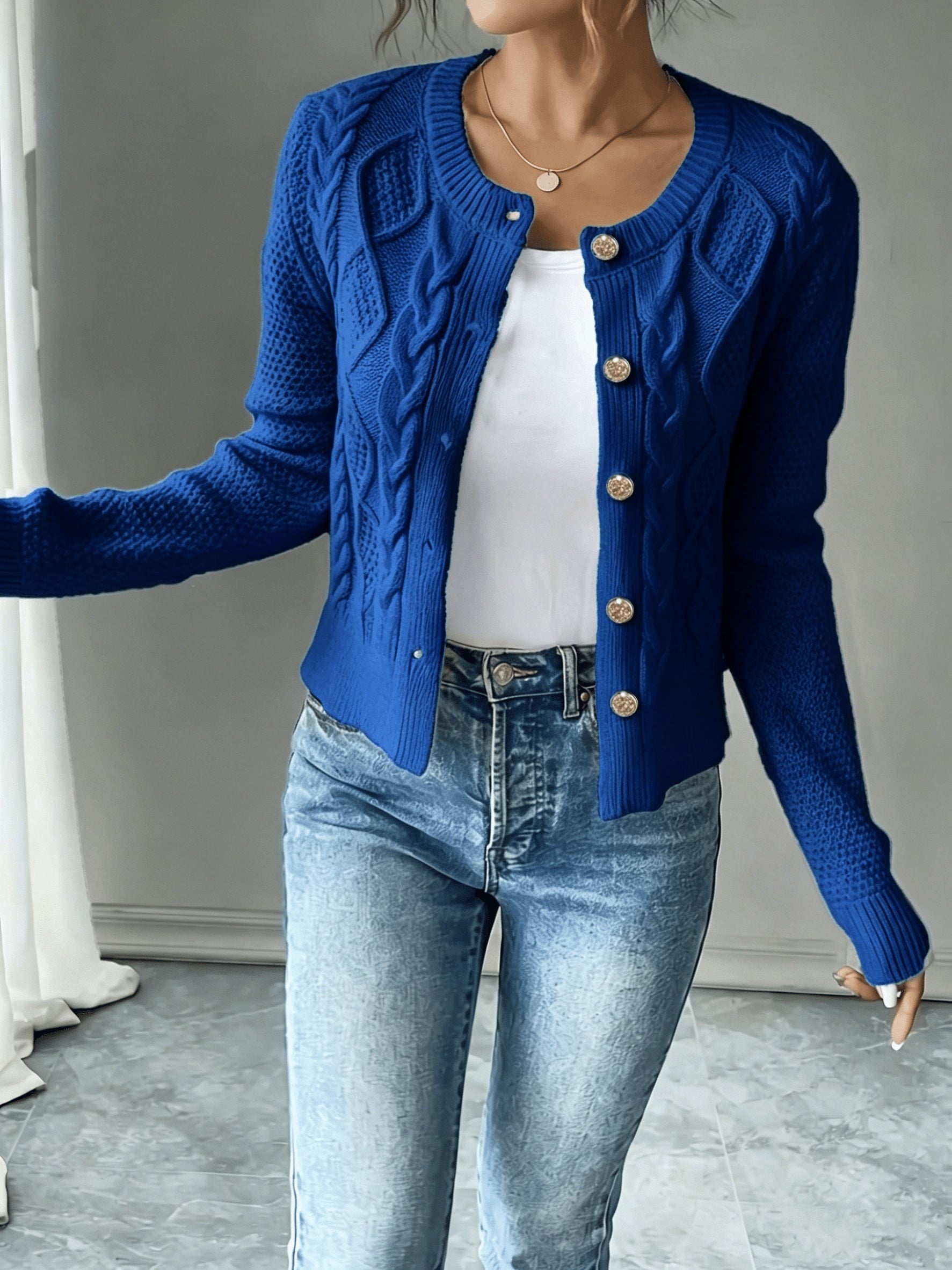 Damen Kabelstrick Strickjacke Knöpfe - Image 37