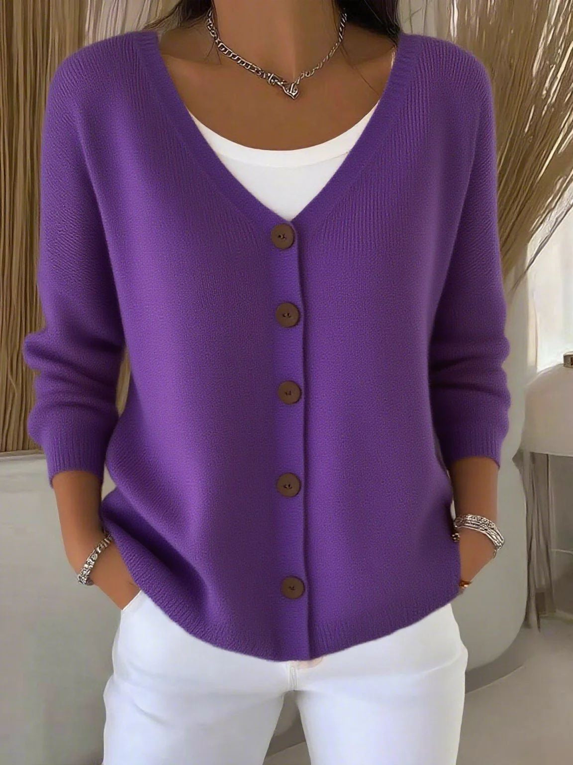 Damen Strick Cardigan V-Ausschnitt Knöpfe - Image 6