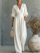 Women Flowy V Neck Wide Leg Jumpsuit