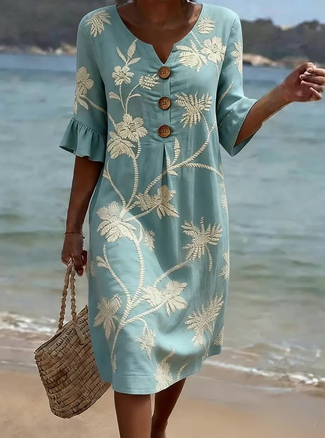 Damen Sommerkleid Baumwolle Leinen Blumenmuster Volantärmel