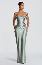 Damen Satin Maxikleid Ein-Schulter Korsett Abendkleid Lang - Image 7