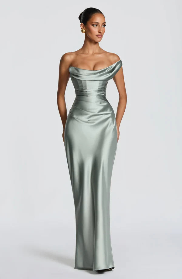 Damen Satin Maxikleid Ein-Schulter Korsett Abendkleid Lang - Image 7