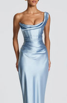 Damen Satin Maxikleid Ein-Schulter Korsett Abendkleid Lang - Image 14