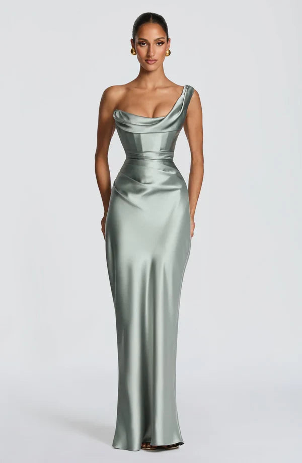 Damen Satin Maxikleid Ein-Schulter Korsett Abendkleid Lang - Image 8