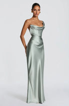 Damen Satin Maxikleid Ein-Schulter Korsett Abendkleid Lang - Image 10