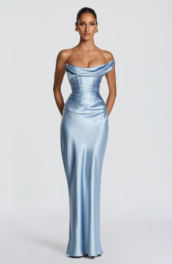 Damen Satin Maxikleid Ein-Schulter Korsett Abendkleid Lang - Image 12