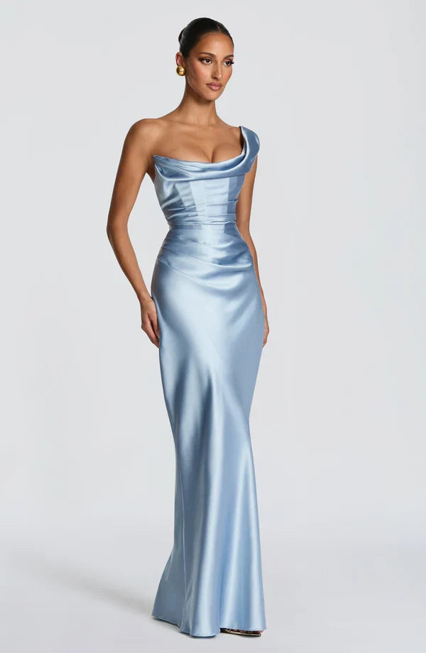 Damen Satin Maxikleid Ein-Schulter Korsett Abendkleid Lang - Image 16