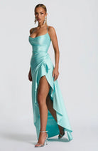 Damen Satin Maxikleid elegant lang Schlitz rückenfrei - Image 2