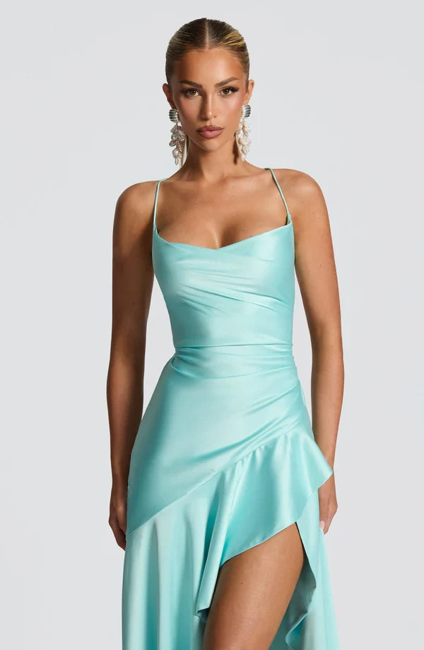 Damen Satin Maxikleid elegant lang Schlitz rückenfrei - Image 3