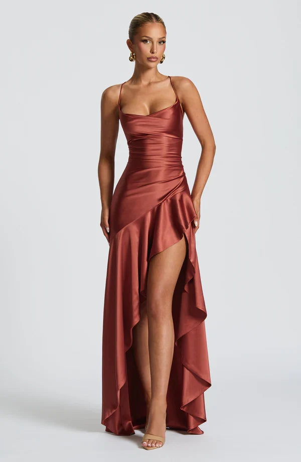 Damen Satin Maxikleid elegant lang Schlitz rückenfrei - Image 9