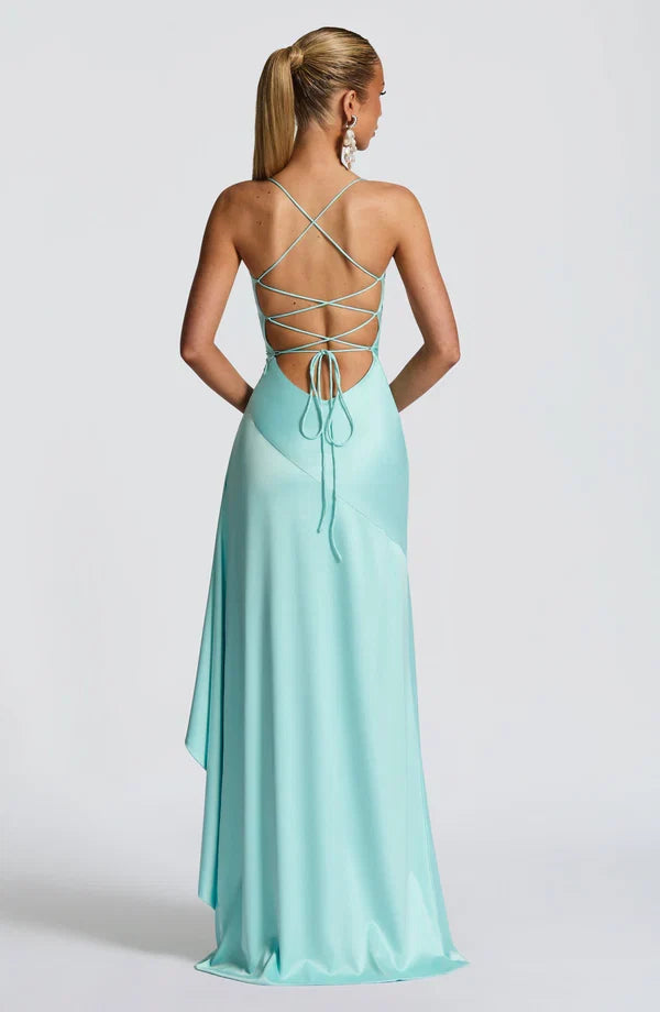 Damen Satin Maxikleid elegant lang Schlitz rückenfrei - Image 4