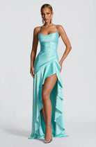 Damen Satin Maxikleid elegant lang Schlitz rückenfrei