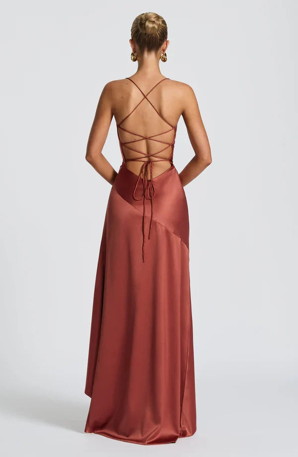 Damen Satin Maxikleid elegant lang Schlitz rückenfrei - Image 11