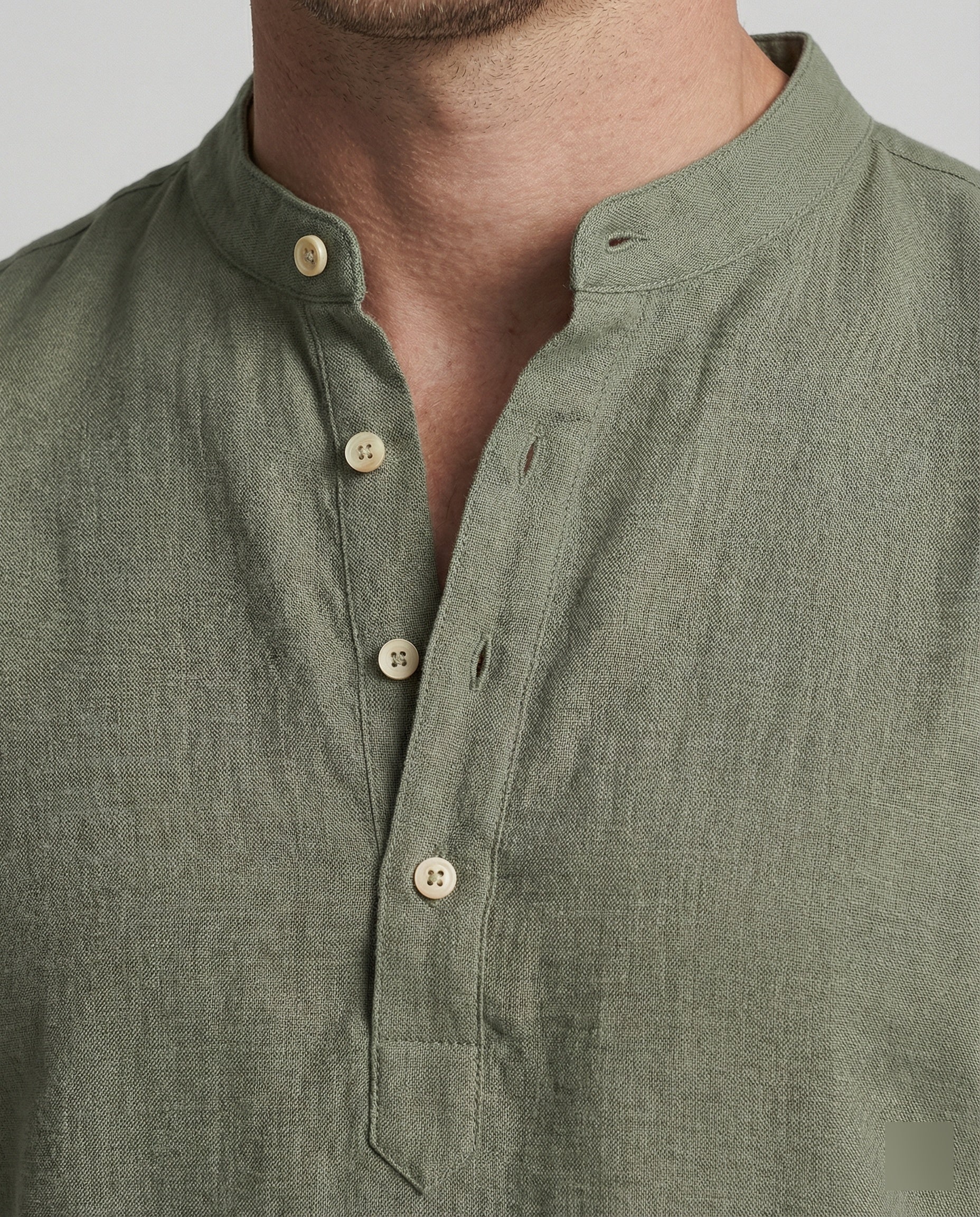 Men's Linen Band Collar Short Sleeve Shirt - Image 2