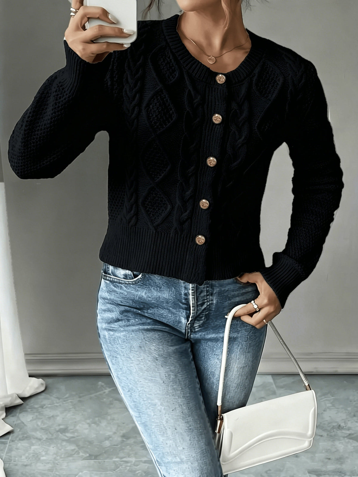 Damen Kabelstrick Strickjacke Knöpfe - Image 5
