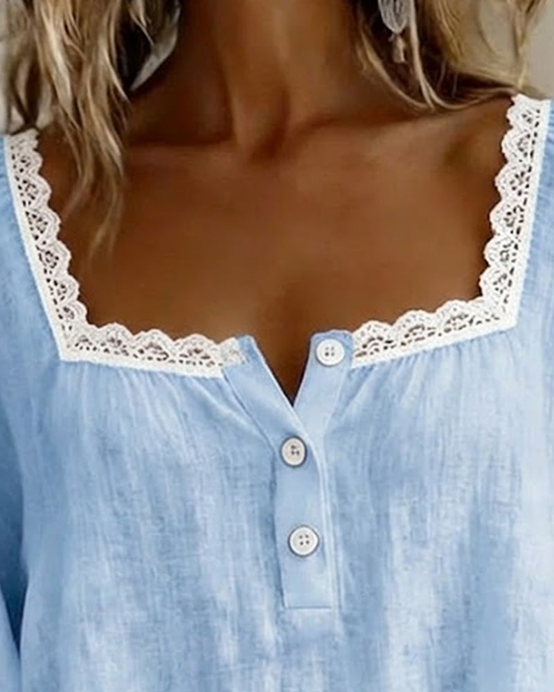 Damen Spitzenbluse Karree-Ausschnitt Puffärmel Baumwolle Leinen - Image 6