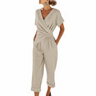 Women Short Sleeve V-Neck Wrap Waist Jumpsuit Summer