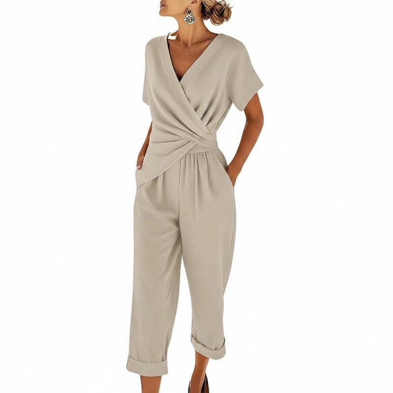 Women Short Sleeve V-Neck Wrap Waist Jumpsuit Summer