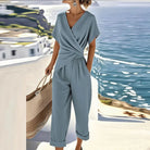 Women Short Sleeve V-Neck Wrap Waist Jumpsuit Summer - Image 3