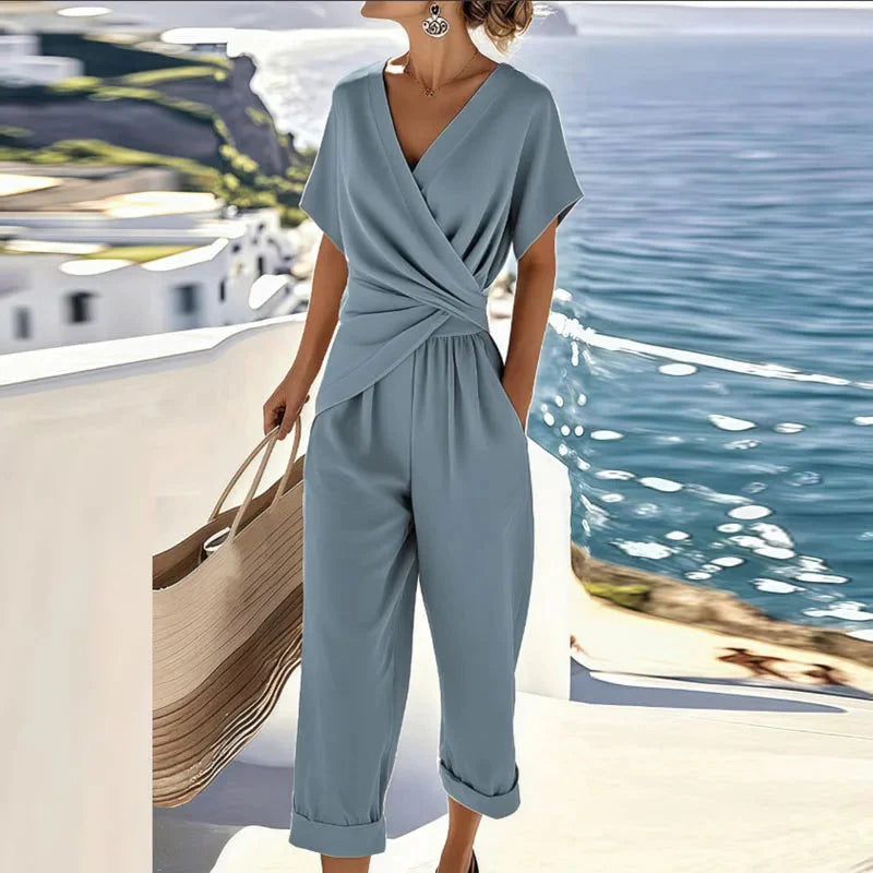 Women Short Sleeve V-Neck Wrap Waist Jumpsuit Summer - Image 3