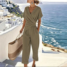 Women Short Sleeve V-Neck Wrap Waist Jumpsuit Summer - Image 4