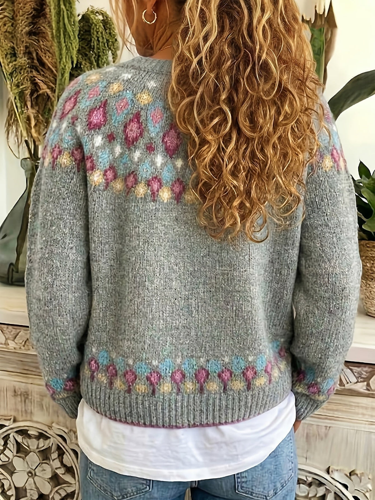 Damen Boho Strickjacke Bestickter Cardigan V-Ausschnitt - Image 8