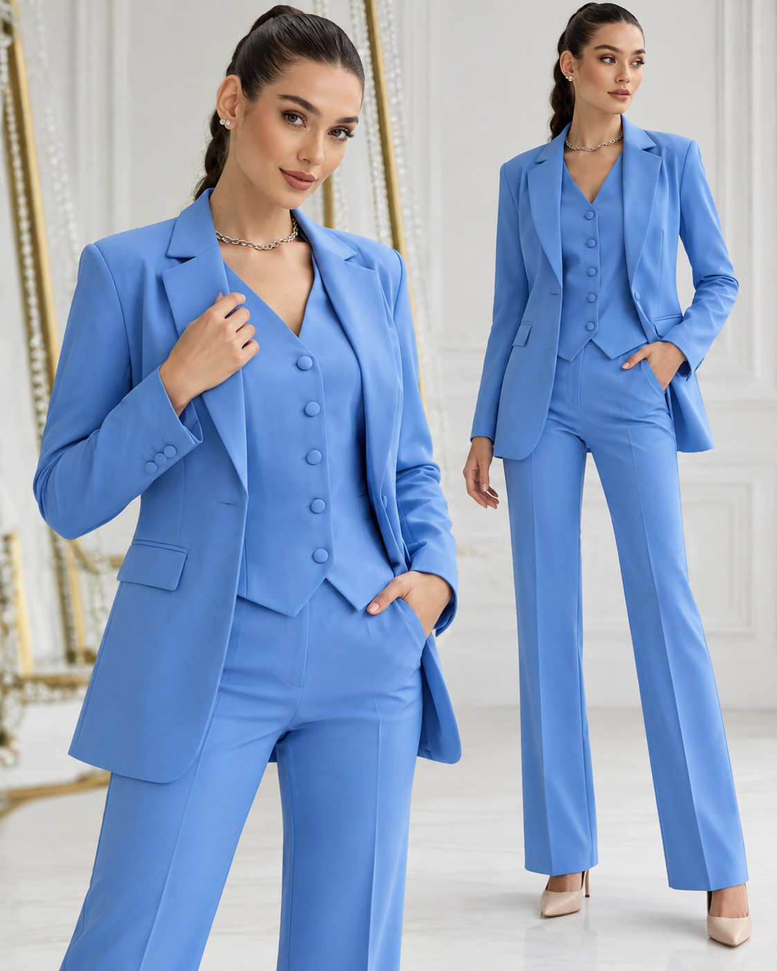 Damen 3 Teilig Anzugset Blazer Weste Hose