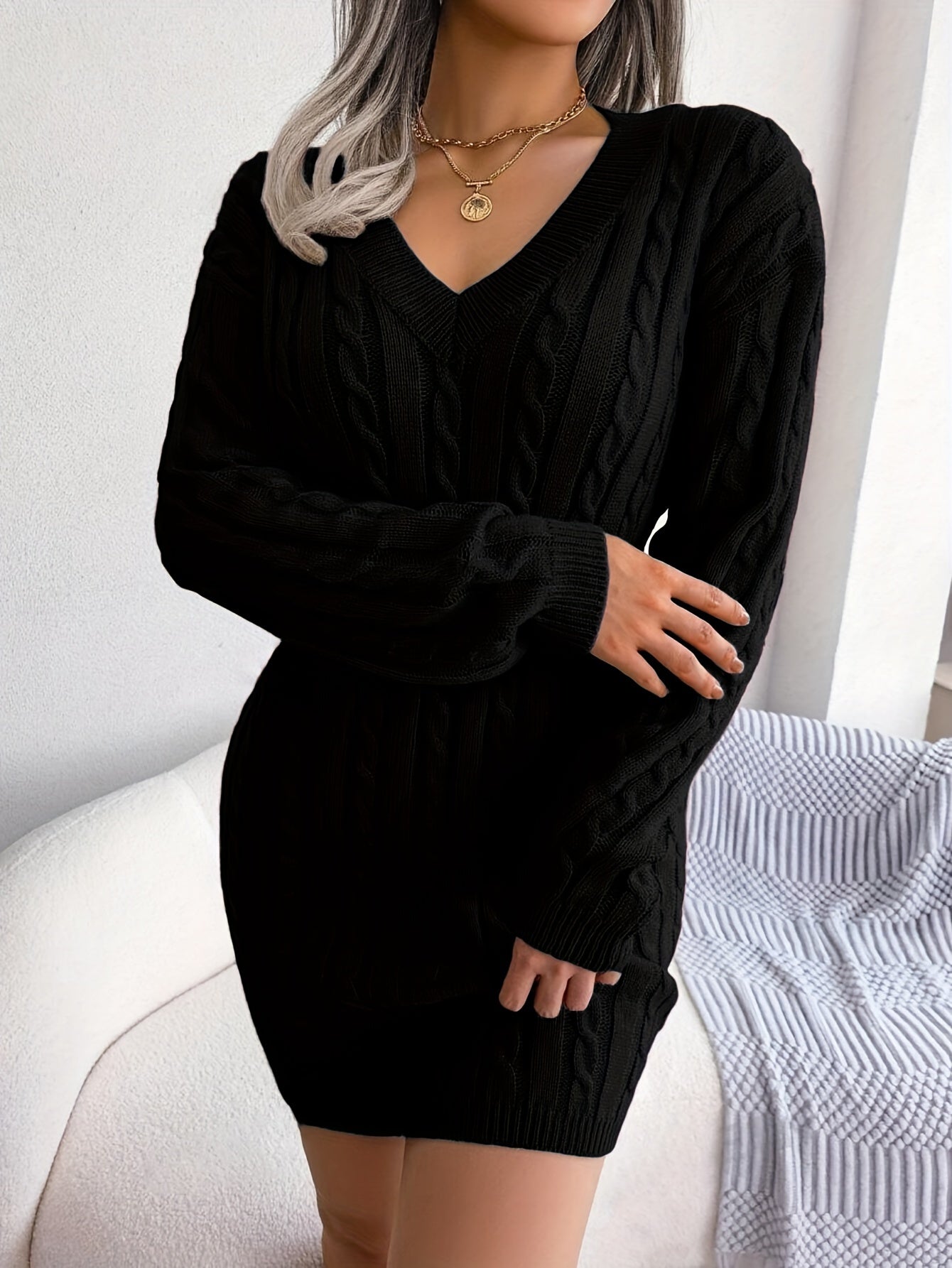 Damen Cable-Knit Strickkleid Tailliert - Image 8