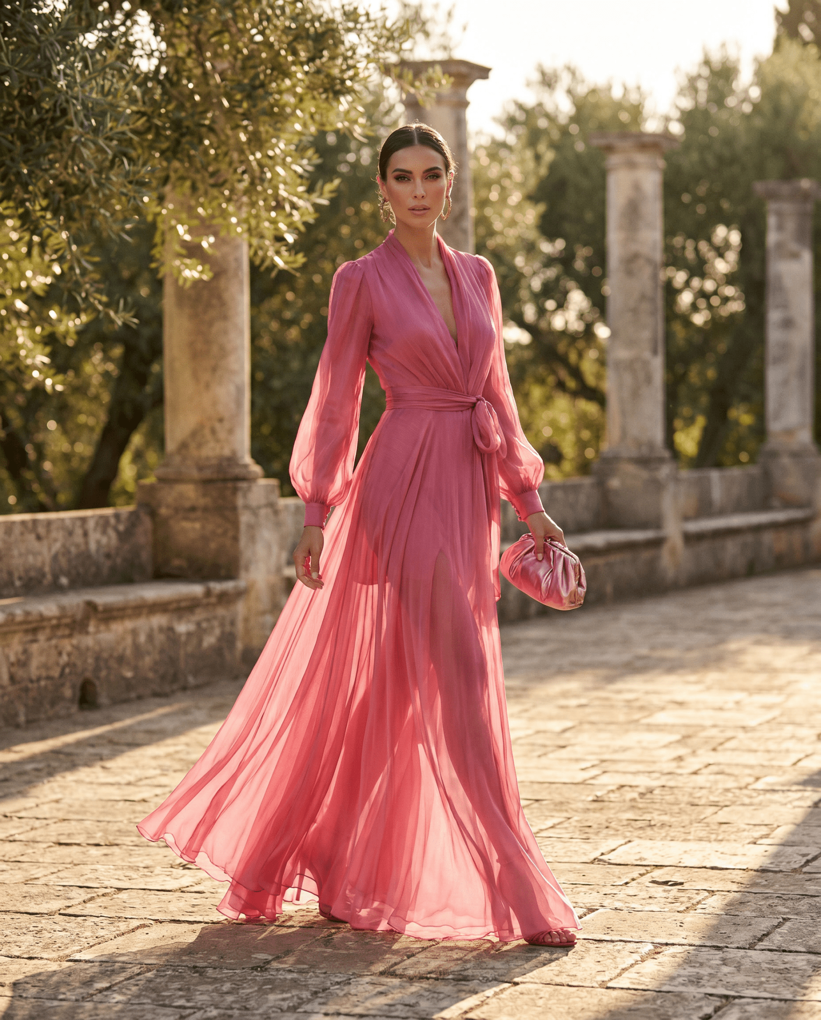 Women Belted Chiffon Maxi Dress V-Neck Long Sleeve Slit - Image 5