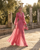 Women Belted Chiffon Maxi Dress V-Neck Long Sleeve Slit - Image 5