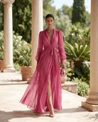 Women Belted Chiffon Maxi Dress V-Neck Long Sleeve Slit - Image 4
