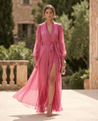 Women Belted Chiffon Maxi Dress V-Neck Long Sleeve Slit - Image 2