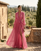Women Belted Chiffon Maxi Dress V-Neck Long Sleeve Slit - Image 3