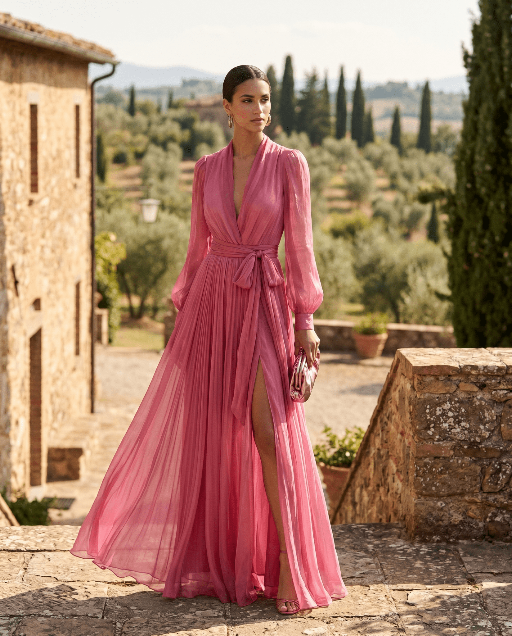 Women Belted Chiffon Maxi Dress V-Neck Long Sleeve Slit - Image 3