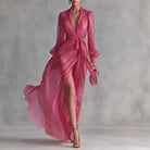 Women Belted Chiffon Maxi Dress V-Neck Long Sleeve Slit